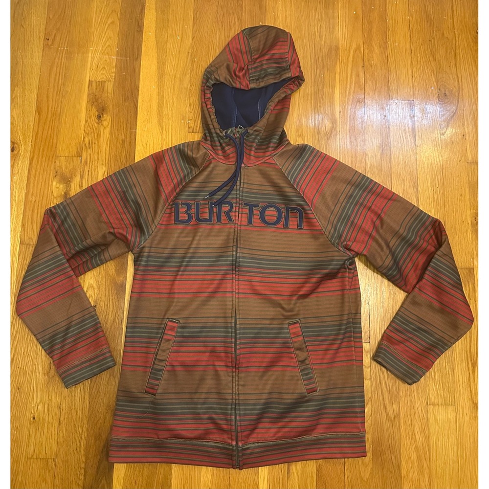 Burton MB Peak Hoodie Mens Medium Brown Red Striped Full Zip Fleece 14494100